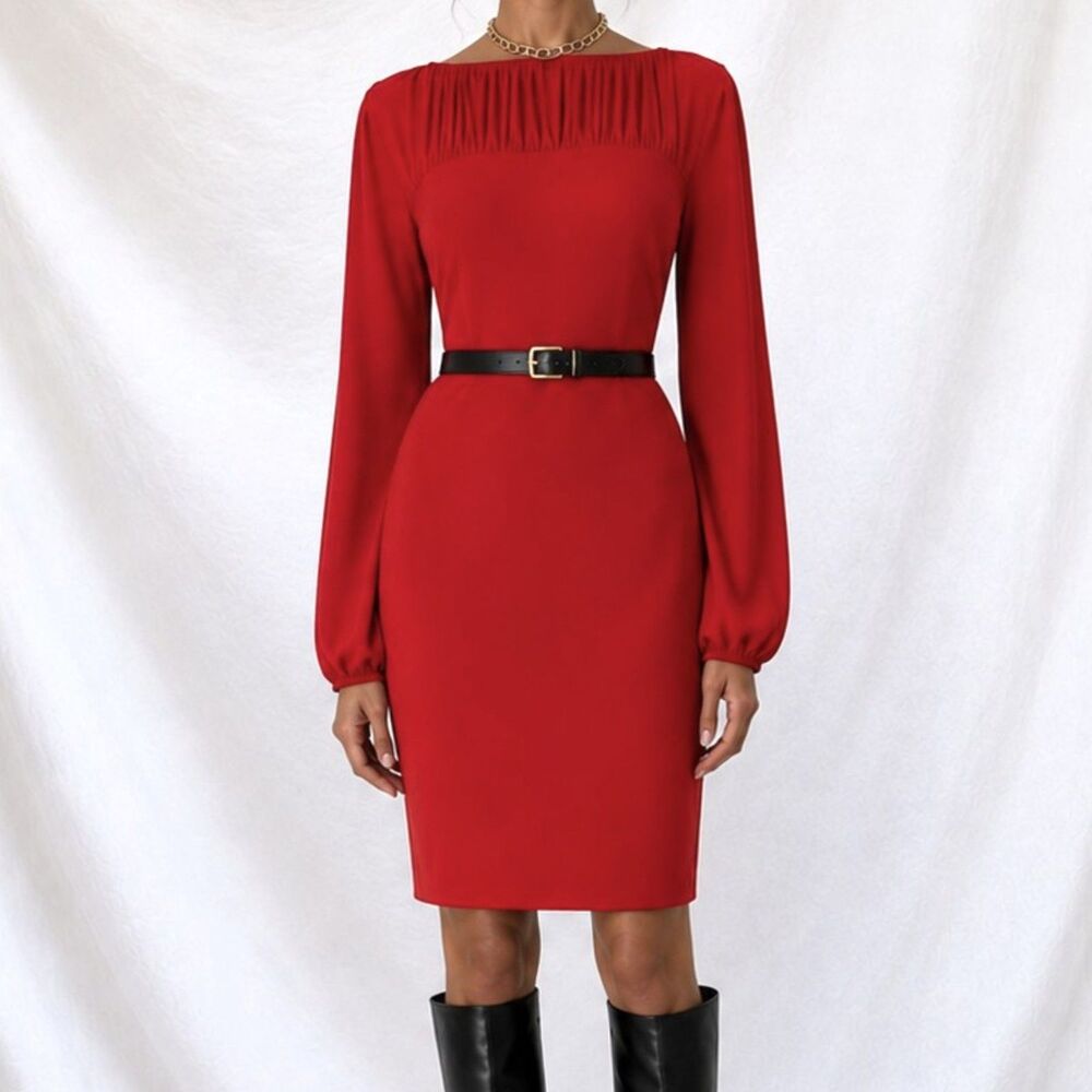 Vintage Y2K 90s Red Long Puffy Sleeve Pleated Knee Length Shift Dress Size M